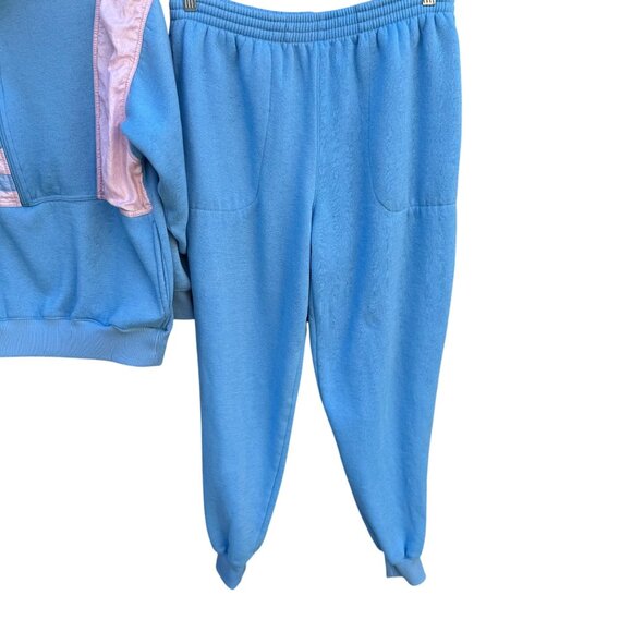 Bocoo Vintage 80s Womens Fleece Nylon Pastel Blue Pink Top Joggers Tracksuit Set - Picture 6 of 11